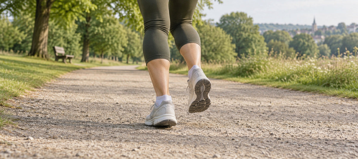 Rear view of a woman’s lower legs and running shoes during an easy jog along a firm park path.