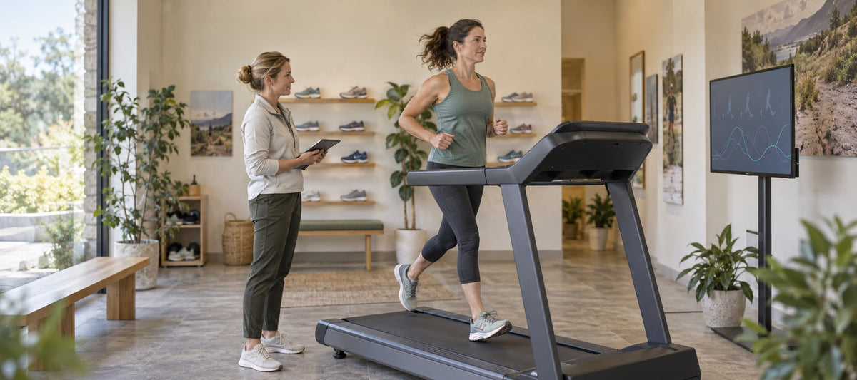 A woman jogging on a treadmill while a practitioner observes her running in a bright specialist shop.