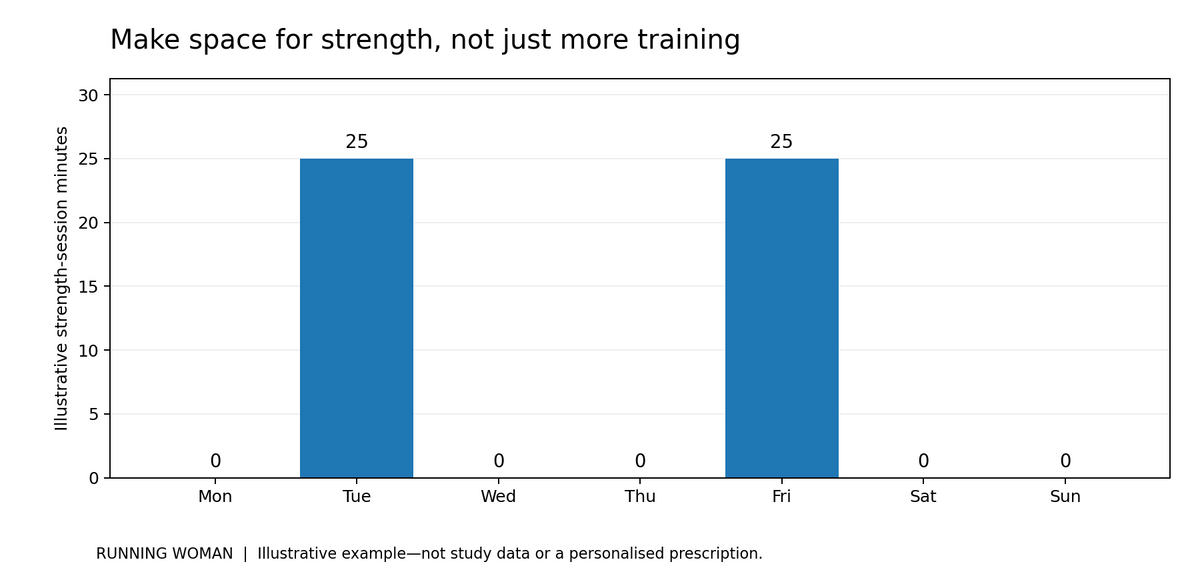 Illustrative placement of two familiar 25-minute strength sessions on Tuesday and Friday; running is not shown.