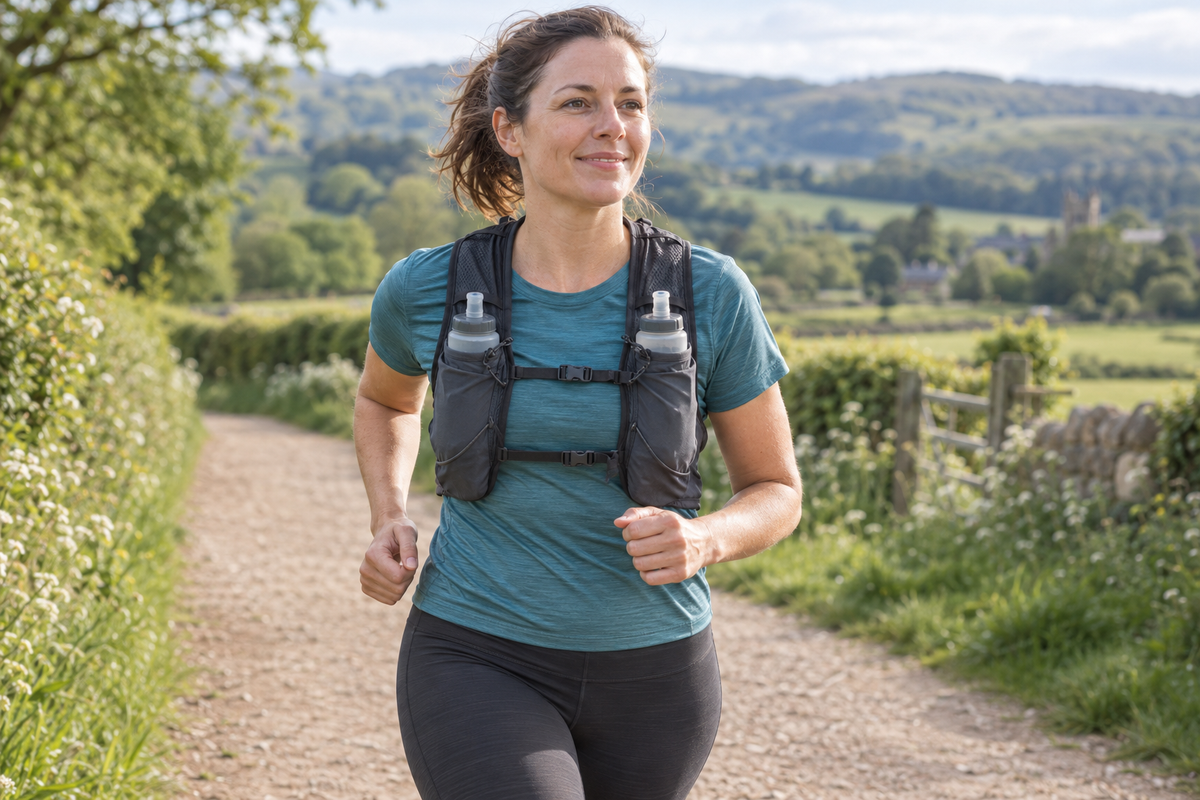 Woman running on a countryside path wearing a hydration vest with two front flasks.