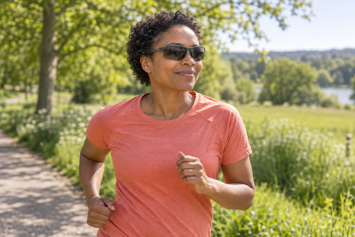 Woman running in a sunny park wearing wraparound sports sunglasses.