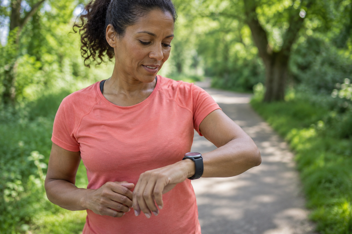 Woman pausing on a park path to check the sports watch on her wrist.