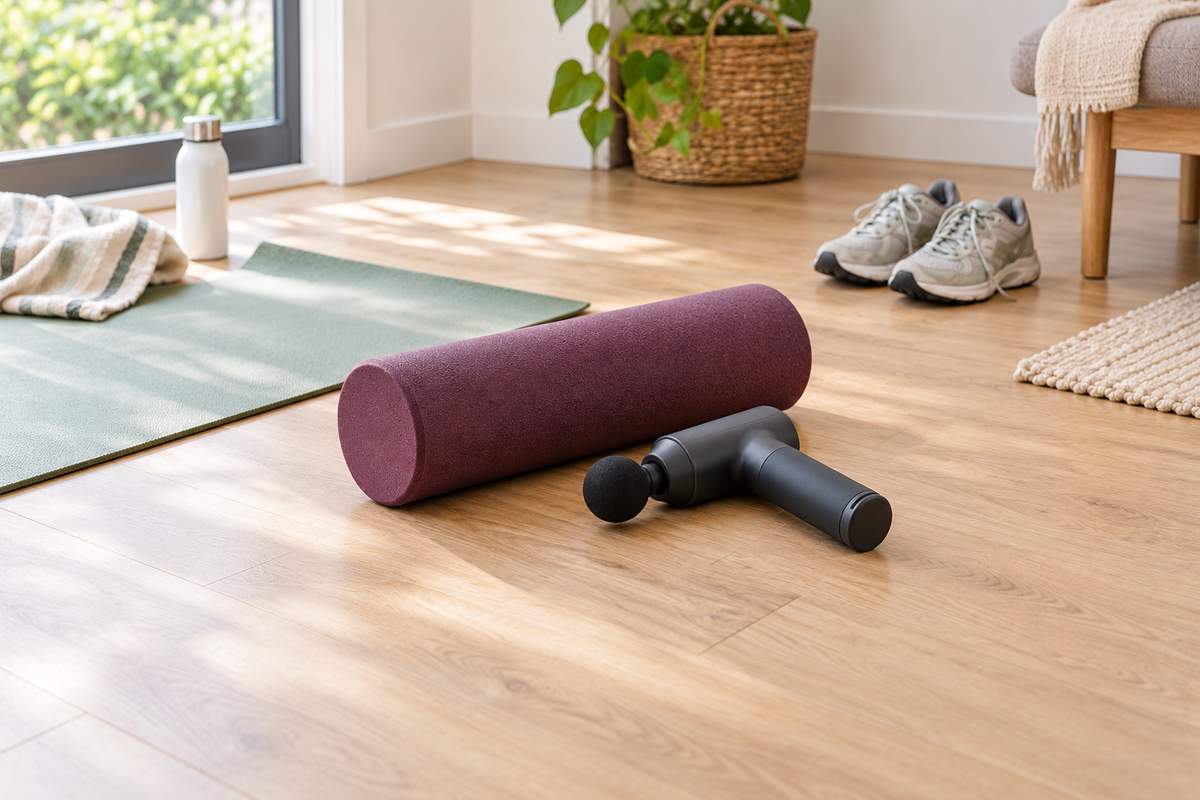A plum foam roller and charcoal massage gun beside an exercise mat, with running shoes nearby.