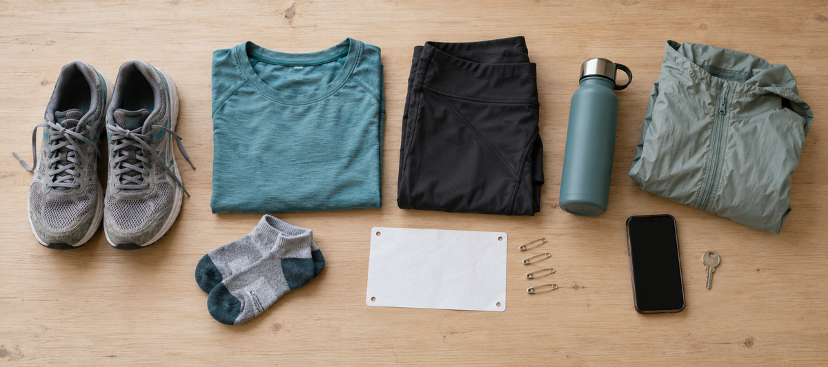 Running clothes, trainers, a blank race bib, safety pins, water bottle and phone laid out ready.
