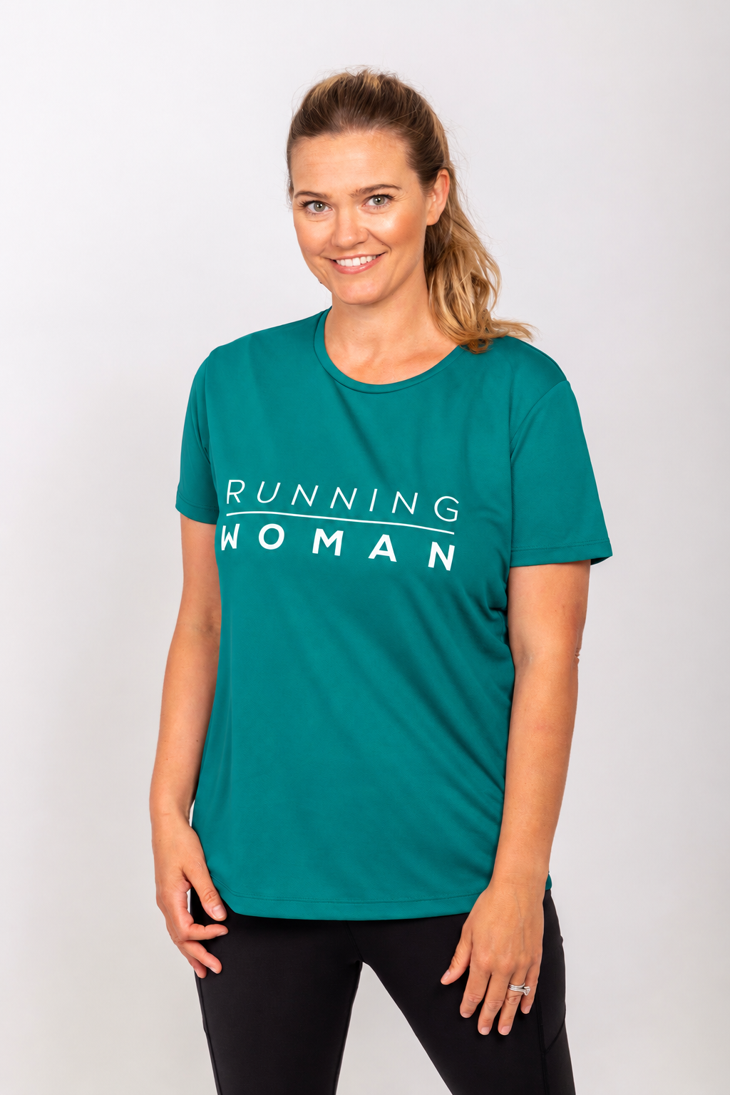 Jade Running Woman running T-shirt on a ponytail model facing forward