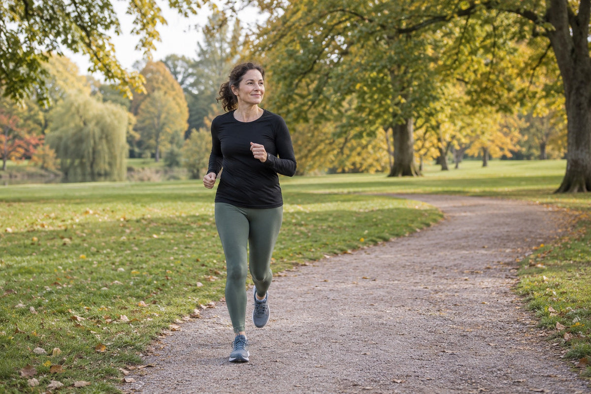 Woman enjoying an easy run along a tree-lined park path