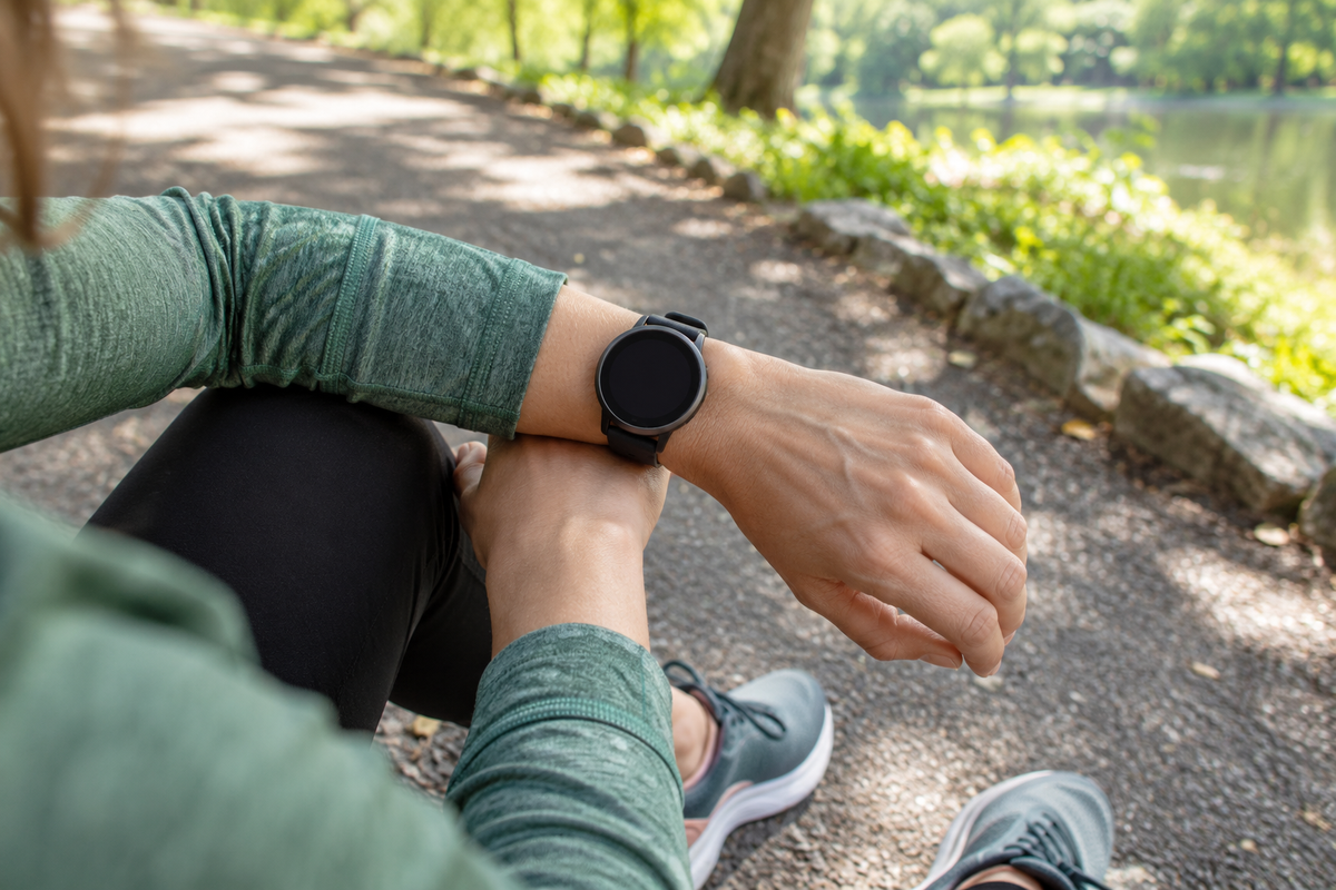 Runner resting beside a park path with a simple watch on her wrist