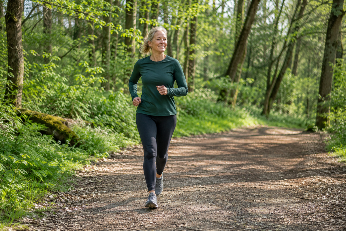 Woman taking an easy run along a bright woodland path