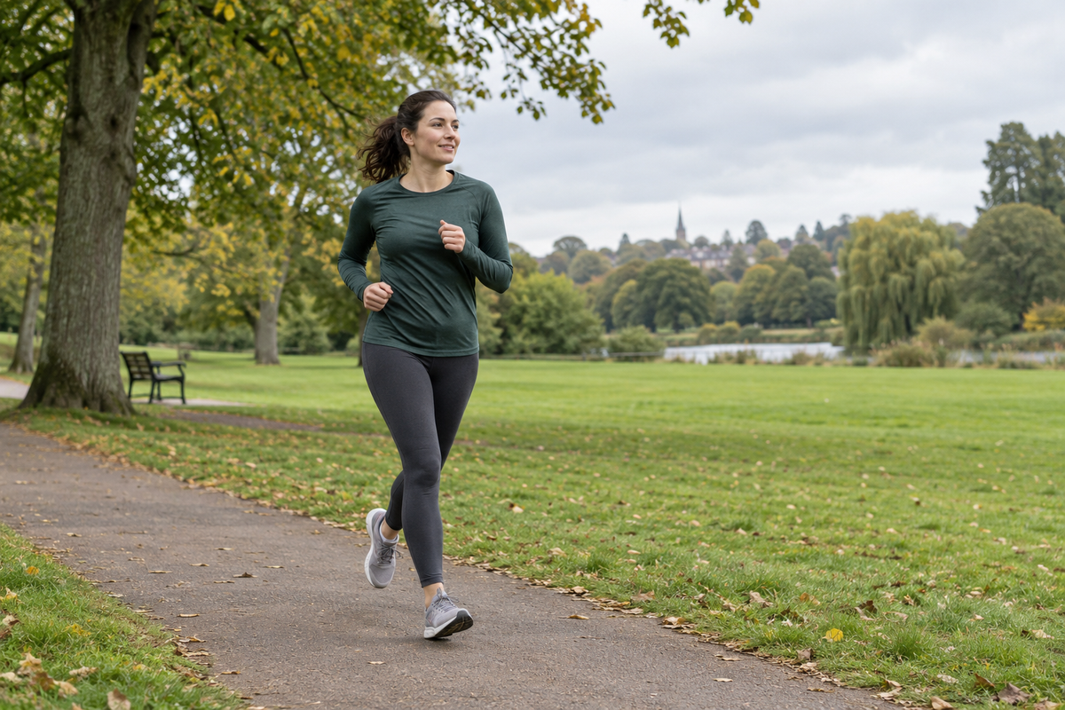 Woman jogging comfortably along a park path in a green running top