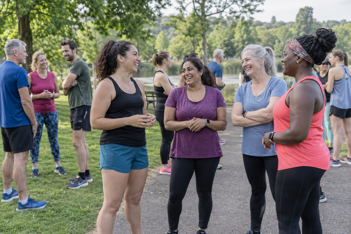Runners gathering in a green park before an informal community 5K