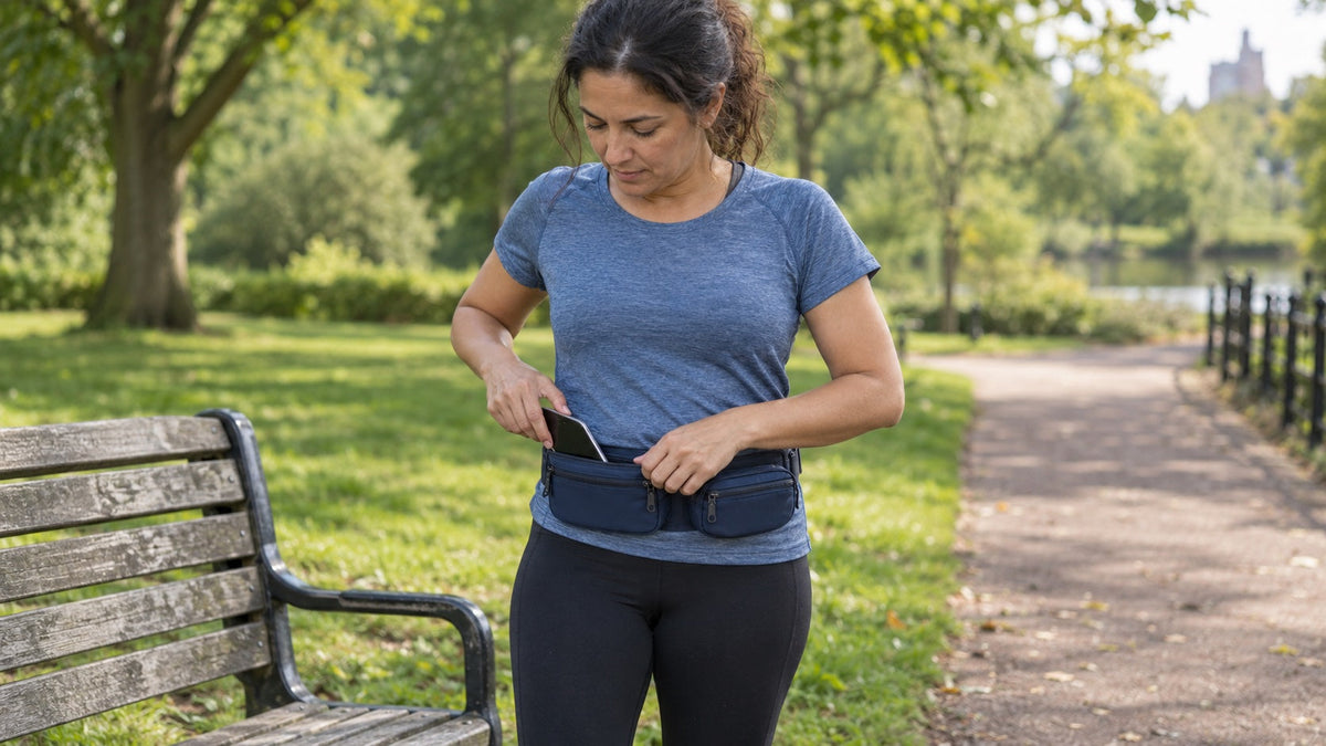 Runner checking the phone pocket of her running belt beside a park bench.