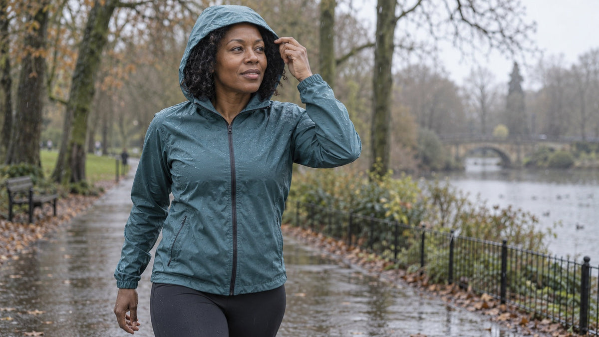 Runner adjusting the hood of a teal running jacket in light rain.