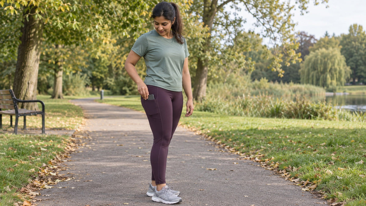 Runner checking a phone in the side pocket of her plum leggings on a park path.