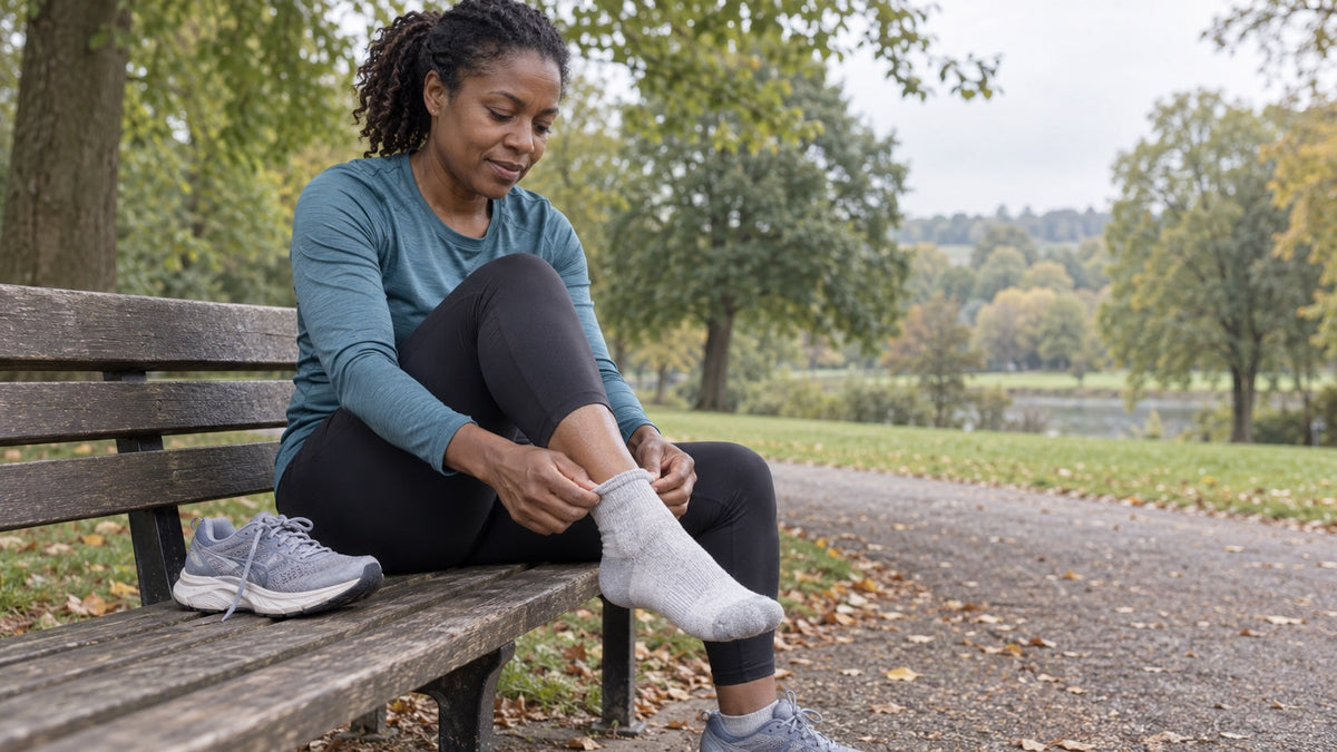 Runner adjusting a grey running sock on a park bench, with a trainer beside her.