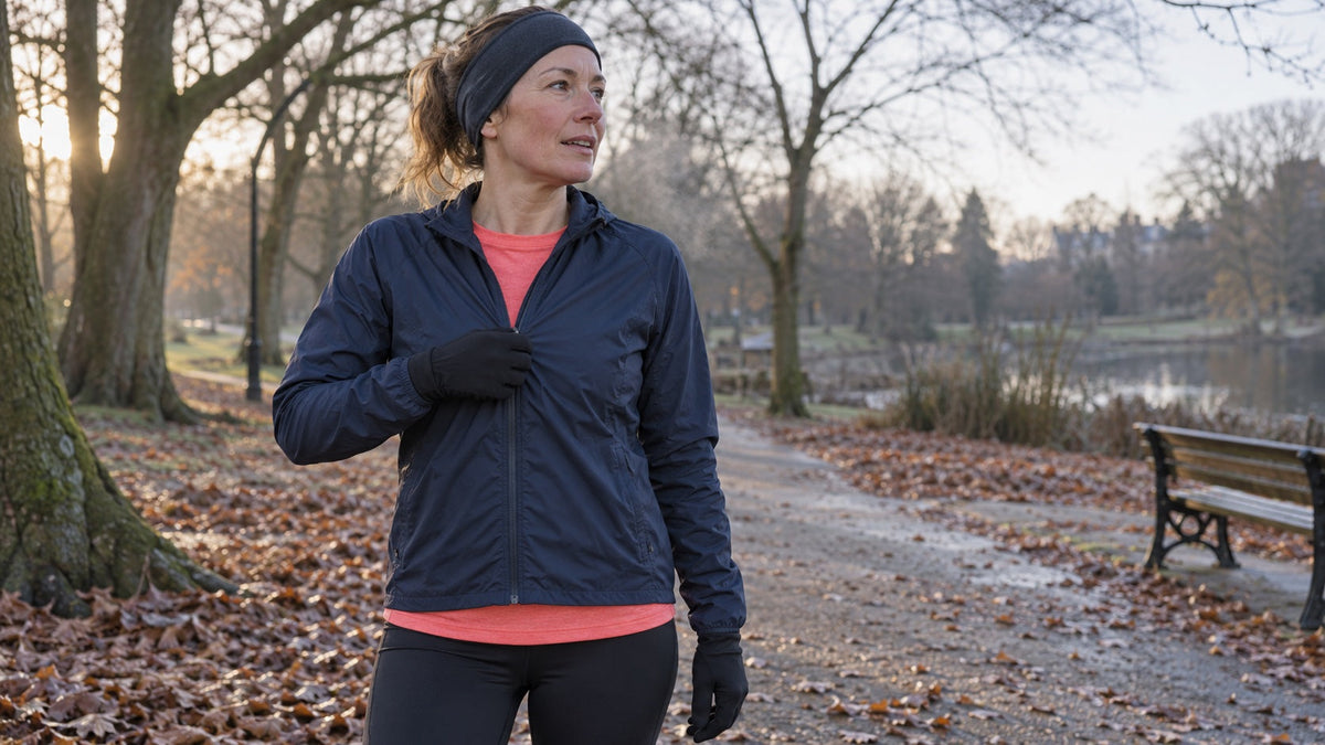 Runner wearing a navy jacket, coral top, gloves and a headband on a cool park morning.