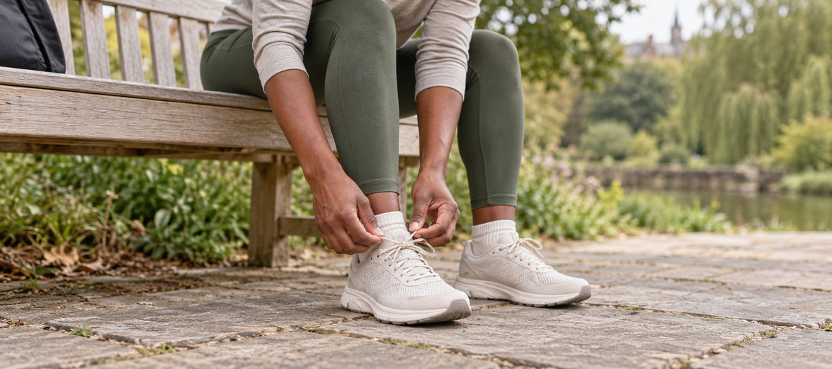 Runner adjusting the laces of a cream running shoe while seated on a park bench.
