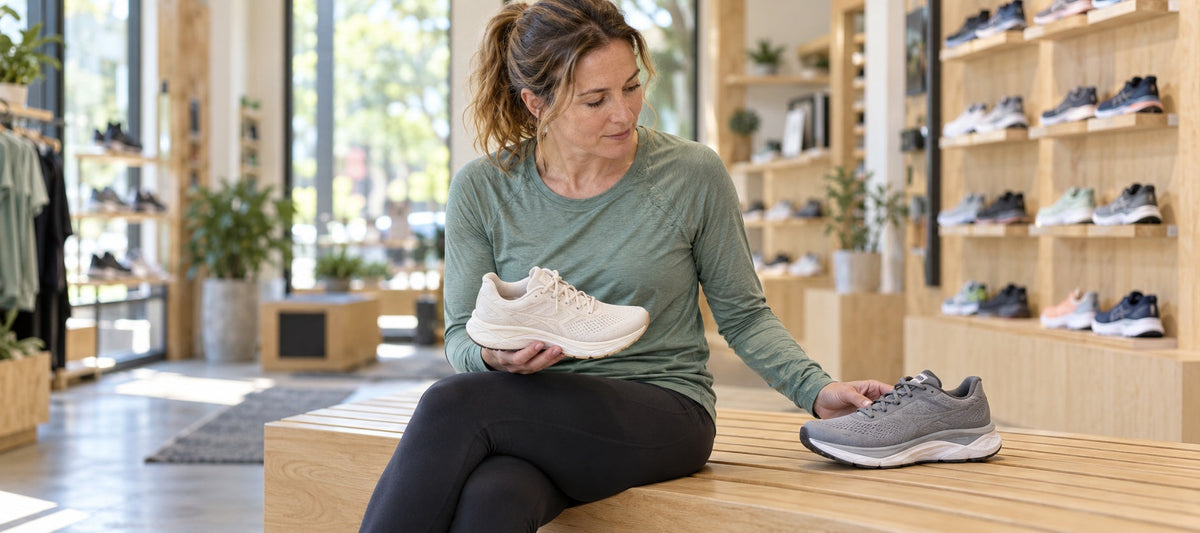 Woman comparing two running shoes while seated on a wooden bench in a running shop.