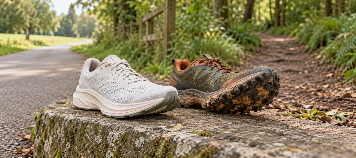 A cream road running shoe beside an olive trail shoe with deeper tread, where a park path meets woodland.