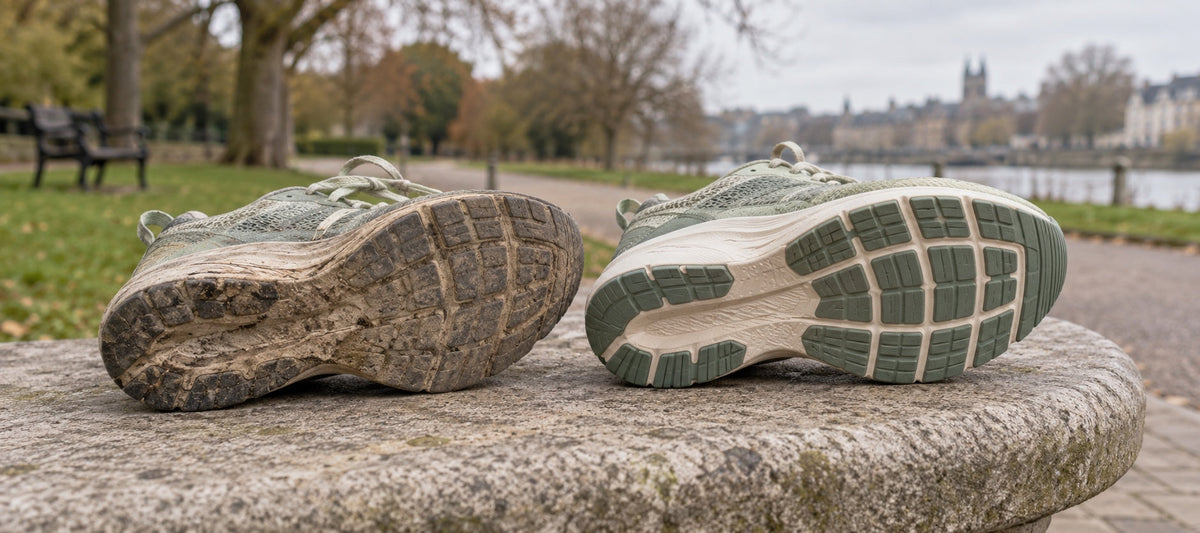 Worn and fresh running-shoe soles side by side on a stone bench, showing different amounts of tread wear.