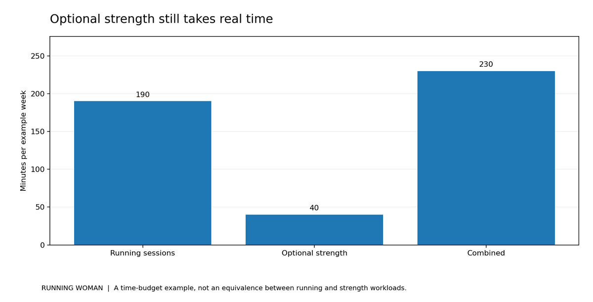 A hypothetical 190-minute running week plus forty minutes of optional strength takes 230 session minutes in total.