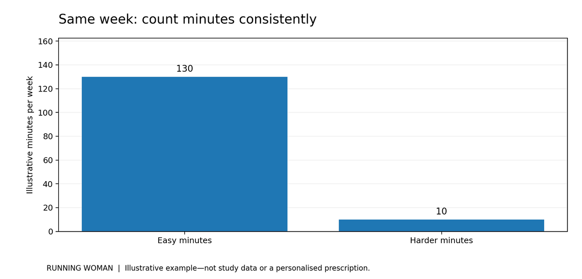 Illustrative 140-minute week with 130 easy minutes and 10 harder minutes; this is not an 80/20 prescription.