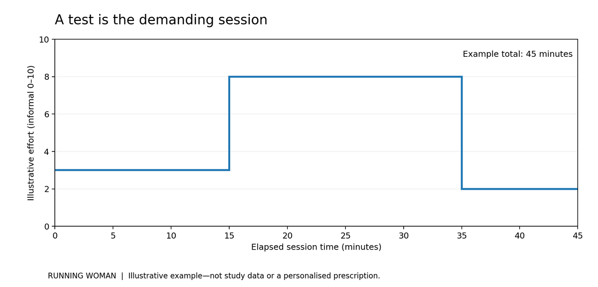 Illustrative 45-minute established-runner session with a 20-minute hard time trial and preparation and finishing time.
