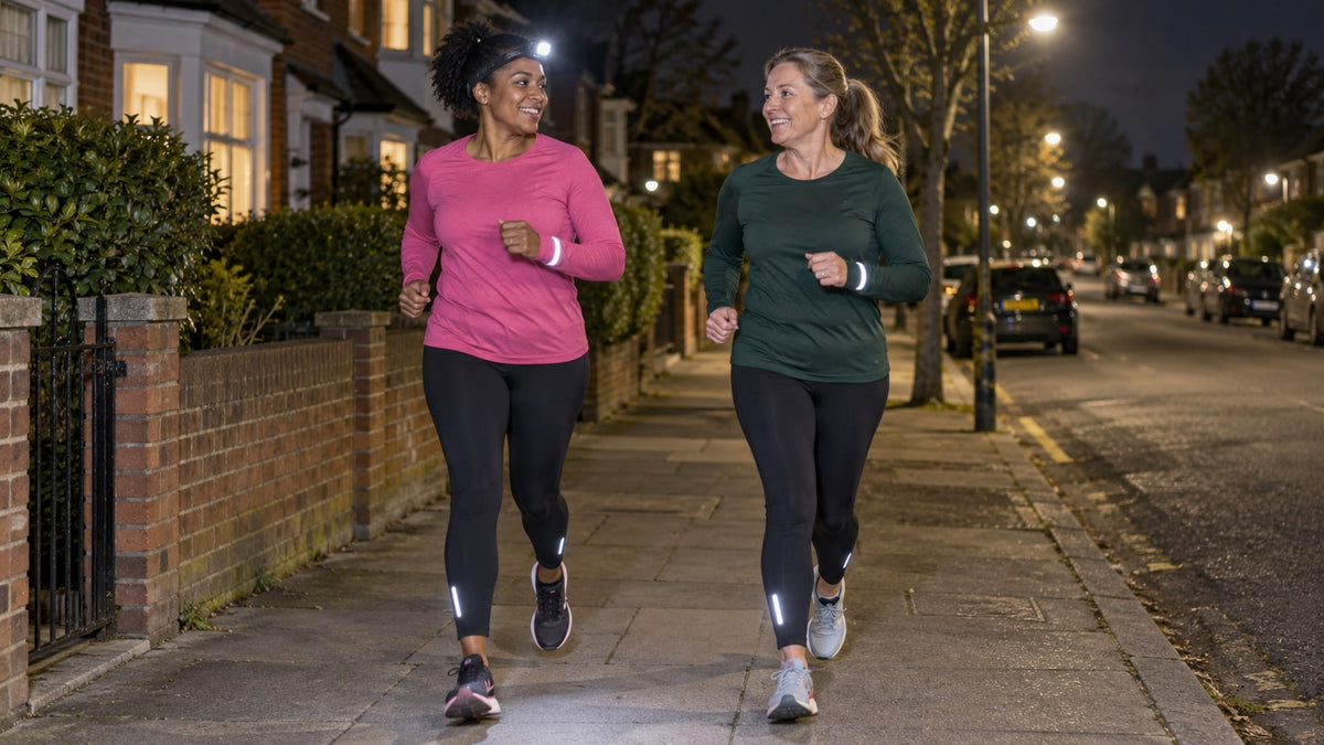 Two women running together on a well-lit pavement at night, wearing reflective details and a headtorch