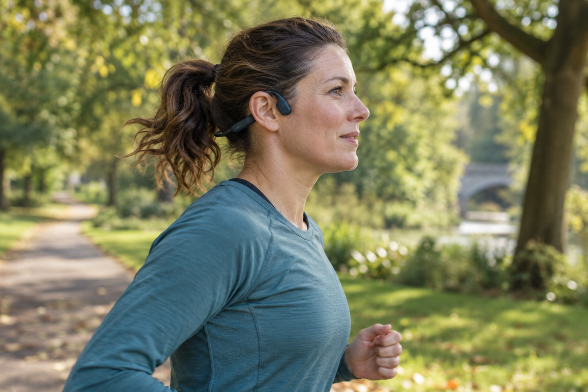Woman running on a leafy park path wearing open-ear sports headphones.