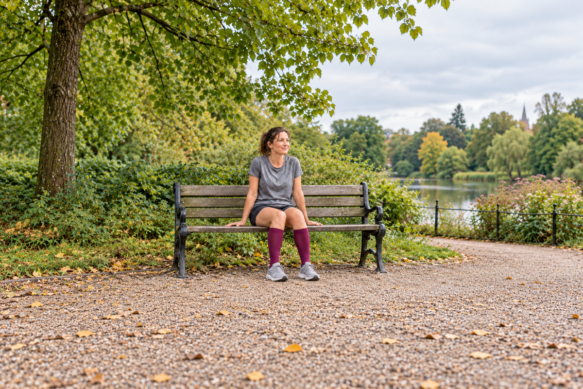 A woman runner sitting on a park bench in berry-coloured knee-high compression socks.
