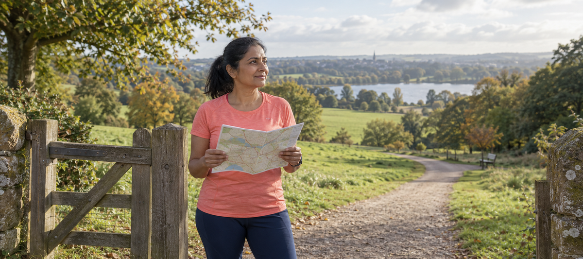 A woman holding a route map beside a park path.