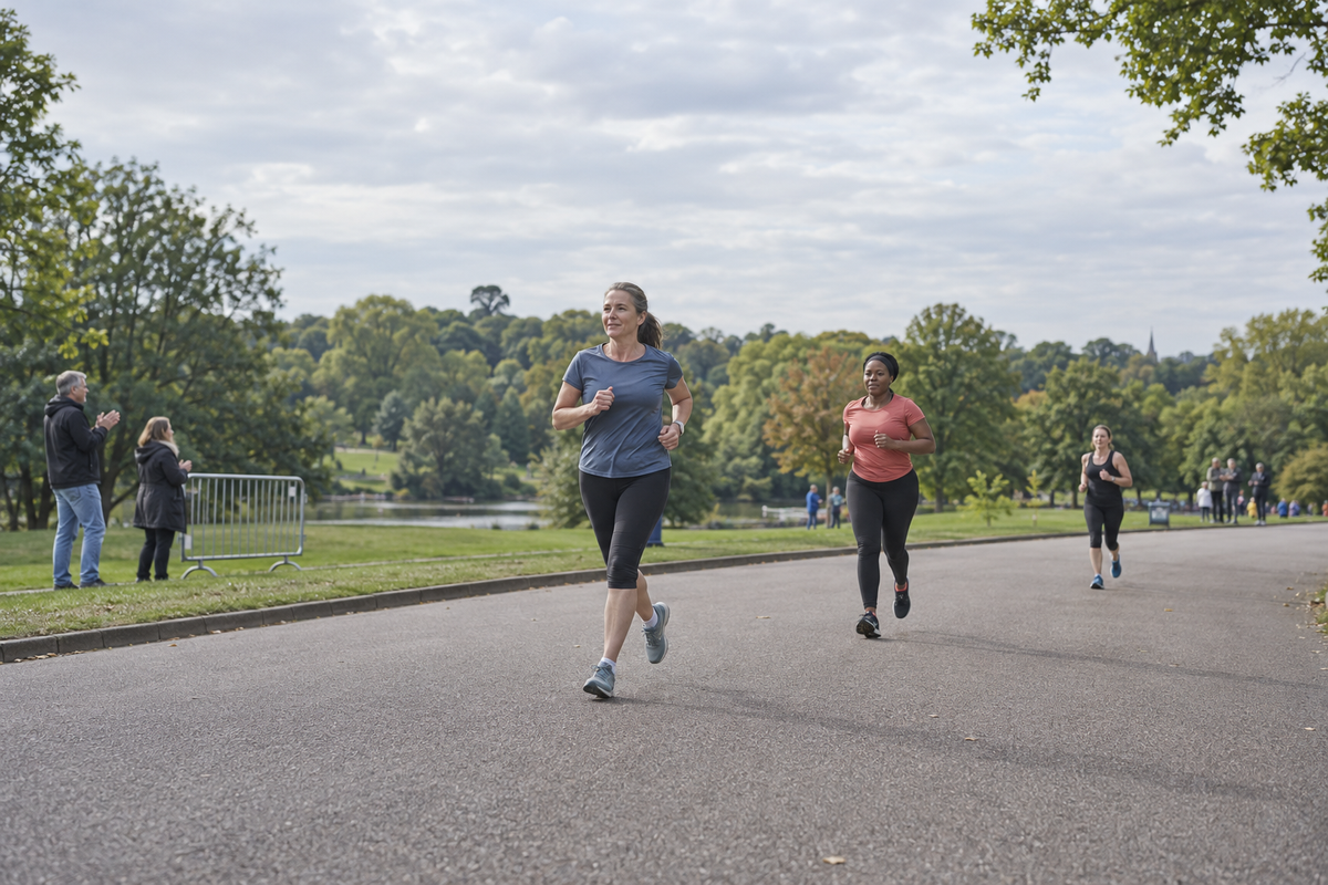 Women run at a steady pace with clear space between them on a park road.