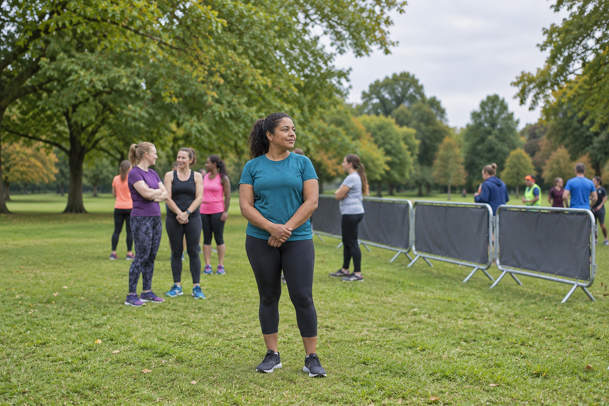 A woman pauses calmly beside the start area of a small running event.