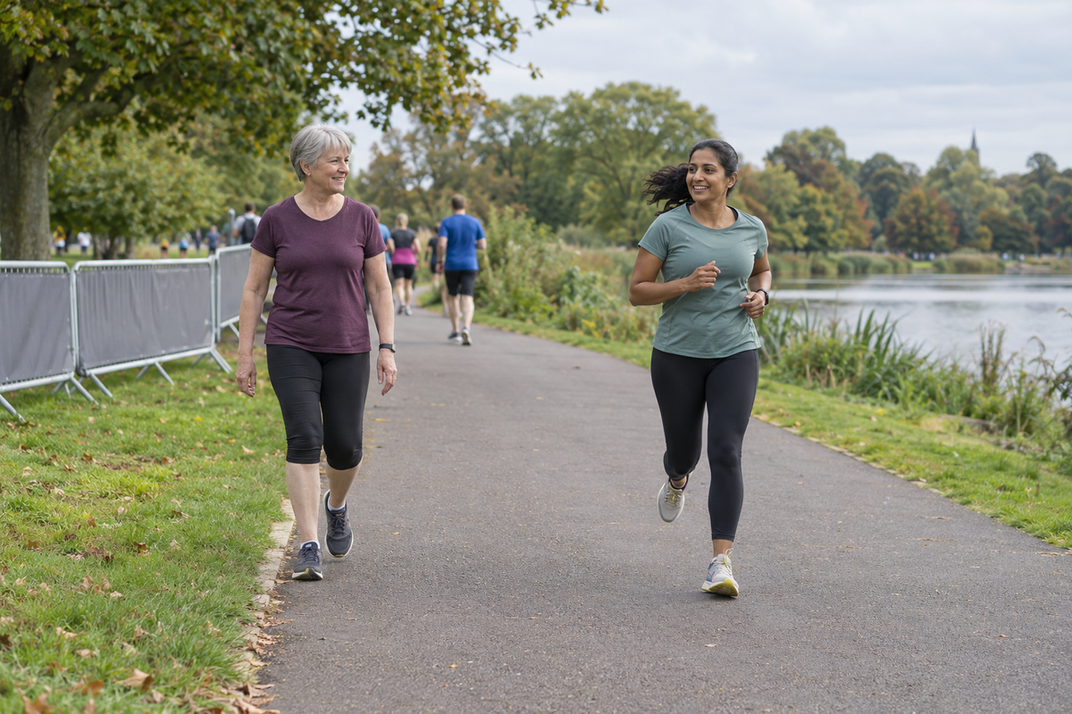 A runner passes a woman walking with plenty of space on a wide park path.