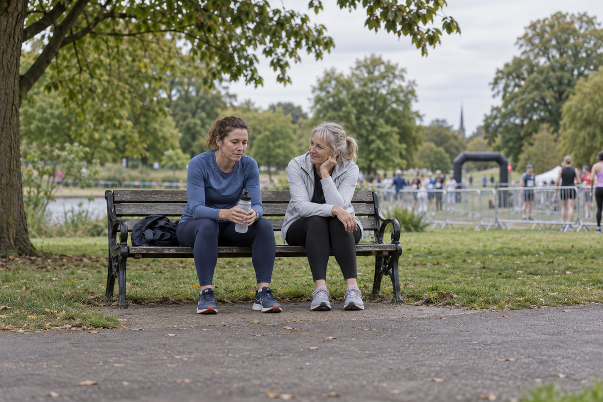 A runner sits quietly with a supportive companion beside an event finish area.