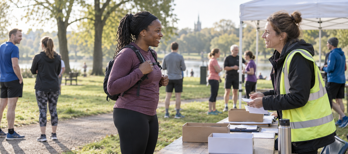 A runner talking with a volunteer at an outdoor event registration table.