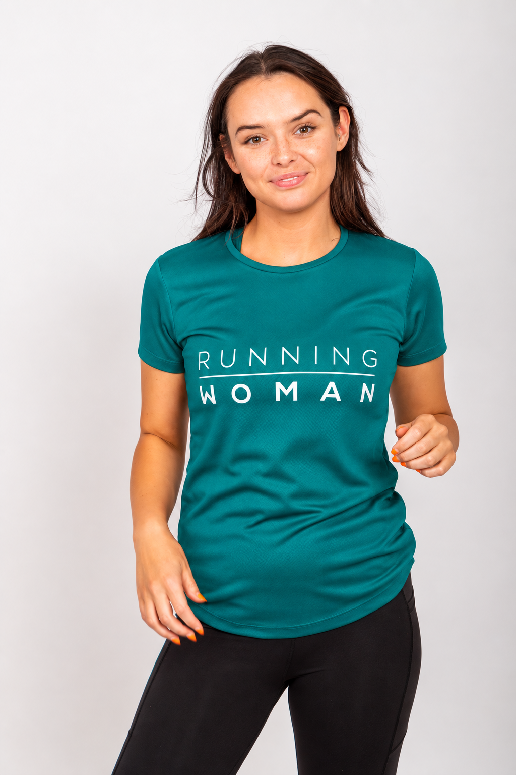 Jade Running Woman running T-shirt, front view on a model with one hand raised