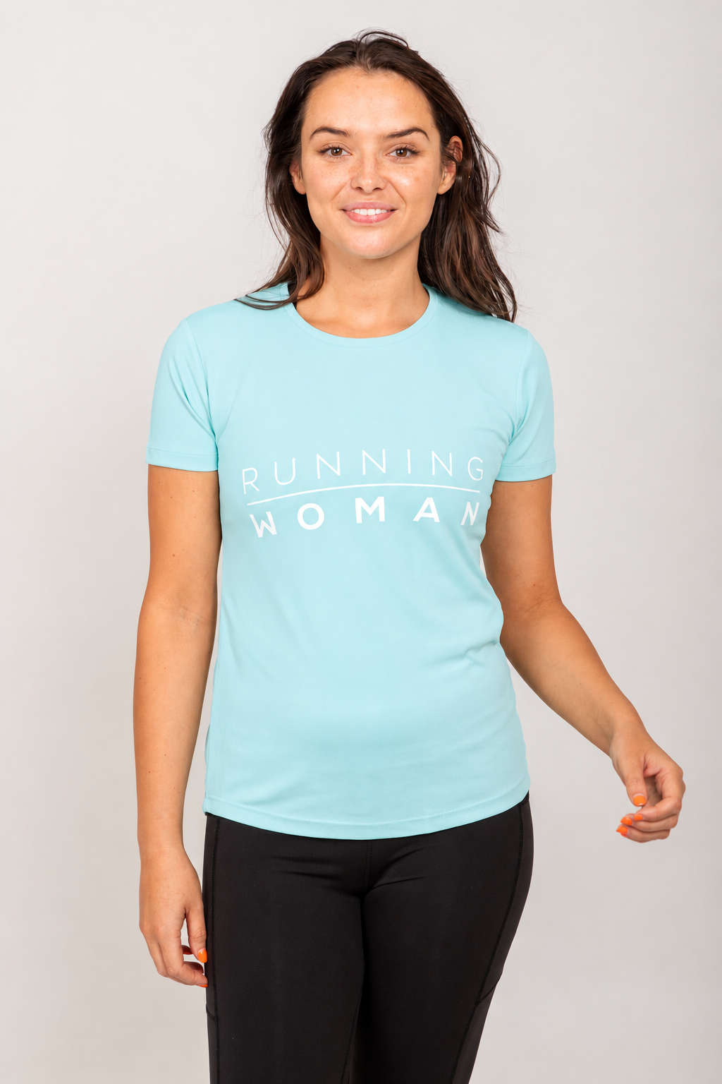 Mint Running Woman running T-shirt, front view on a model with relaxed arms