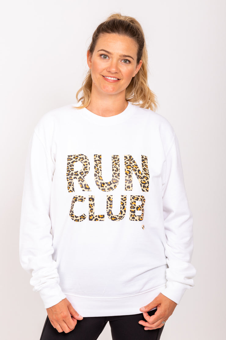 Exclusive white & leopard print Run Club sweatshirt