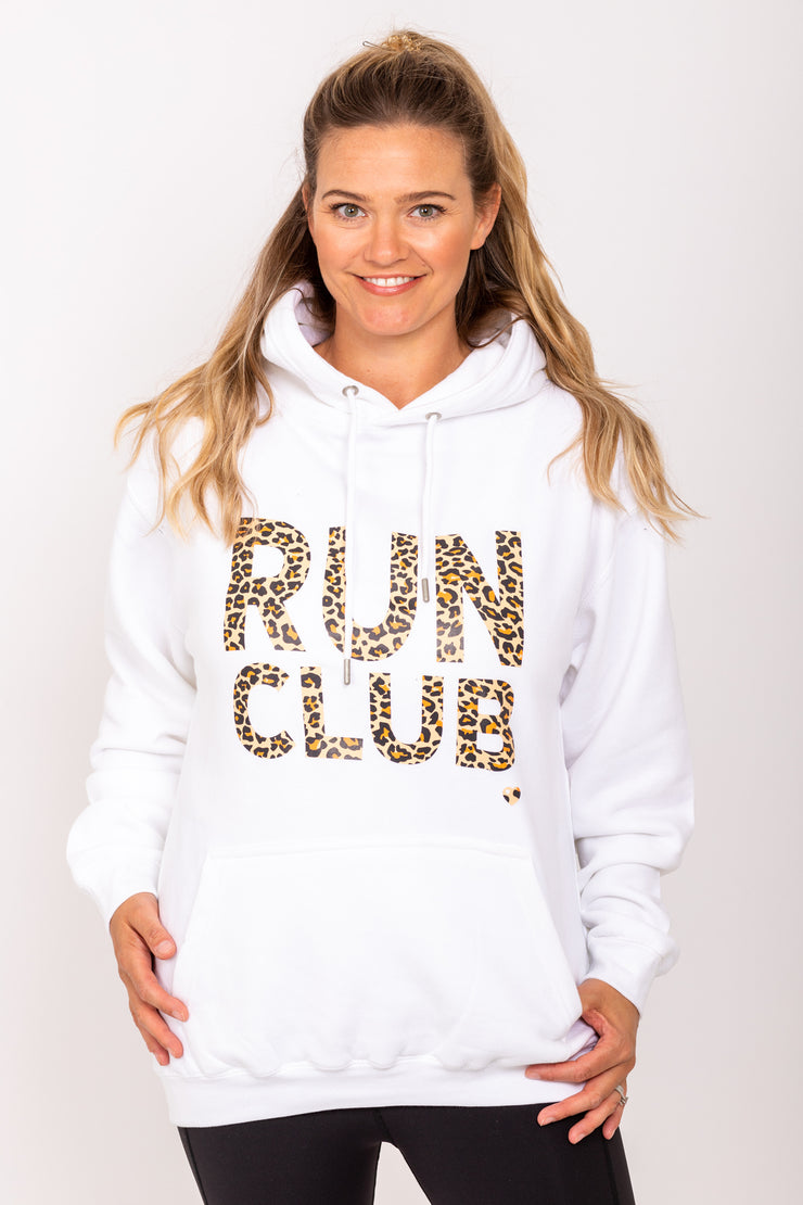 Exclusive white & leopard print Run Club hoodie