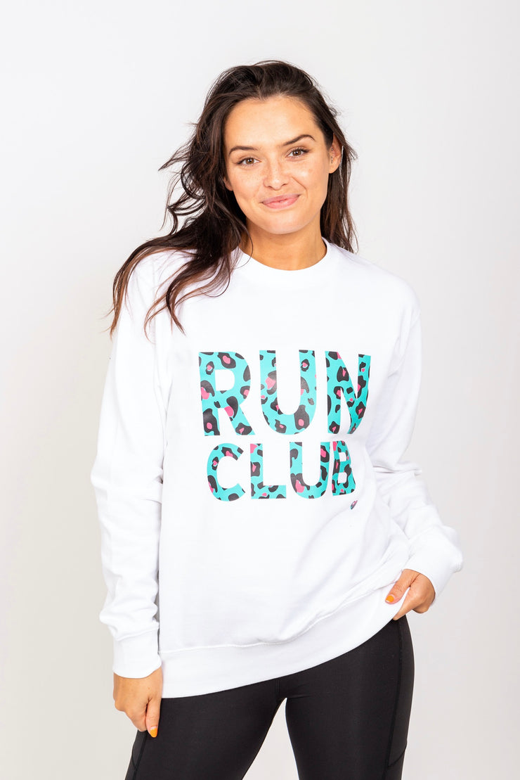 Exclusive white & green leopard print Run Club sweatshirt