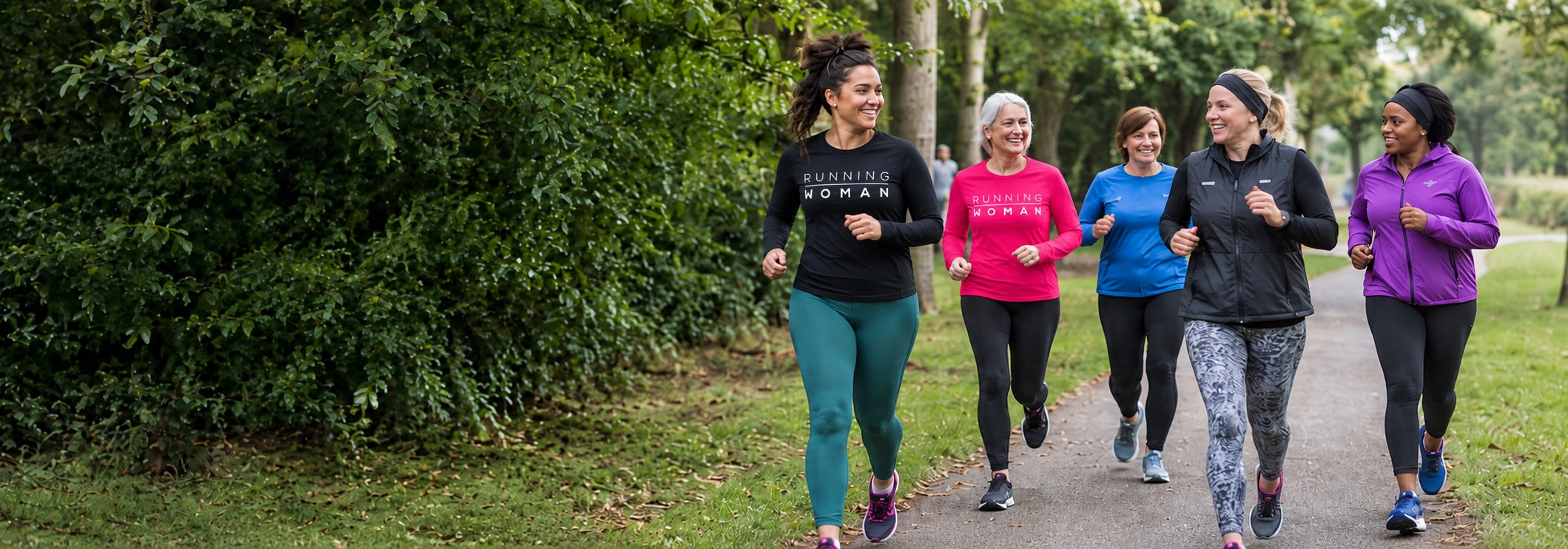 An illustrative photograph of women running together in a leafy park