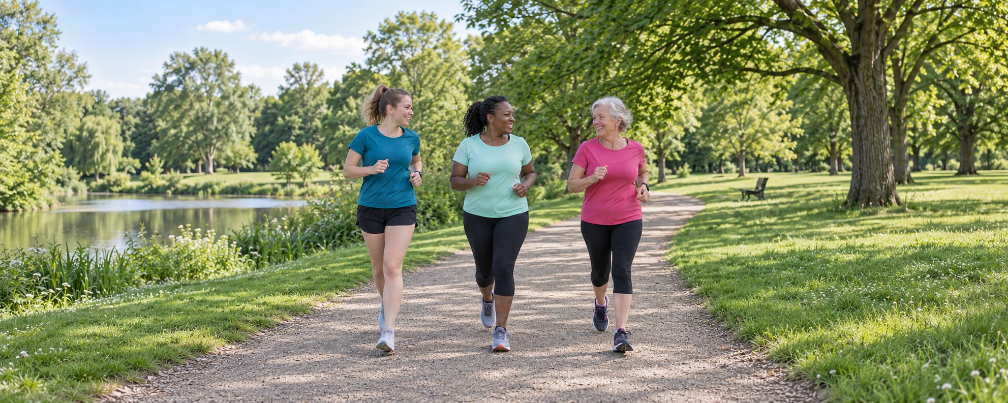 An illustrative photograph of three women running together on a leafy park path